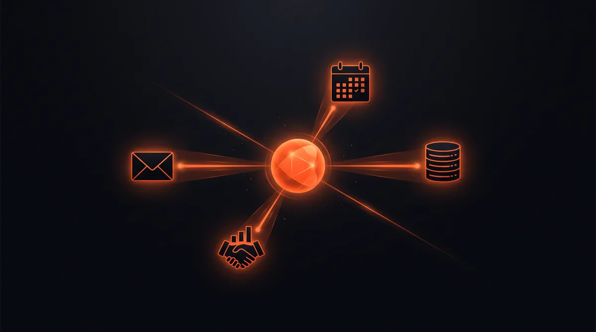 Agentic AI illustration: an autonomous AI agent perceiving, deciding, and acting across connected business tools.