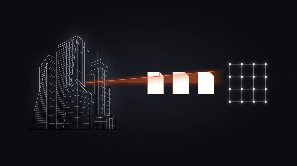 AI for commercial real estate illustration: office towers with lease documents being read and turned into structured data.