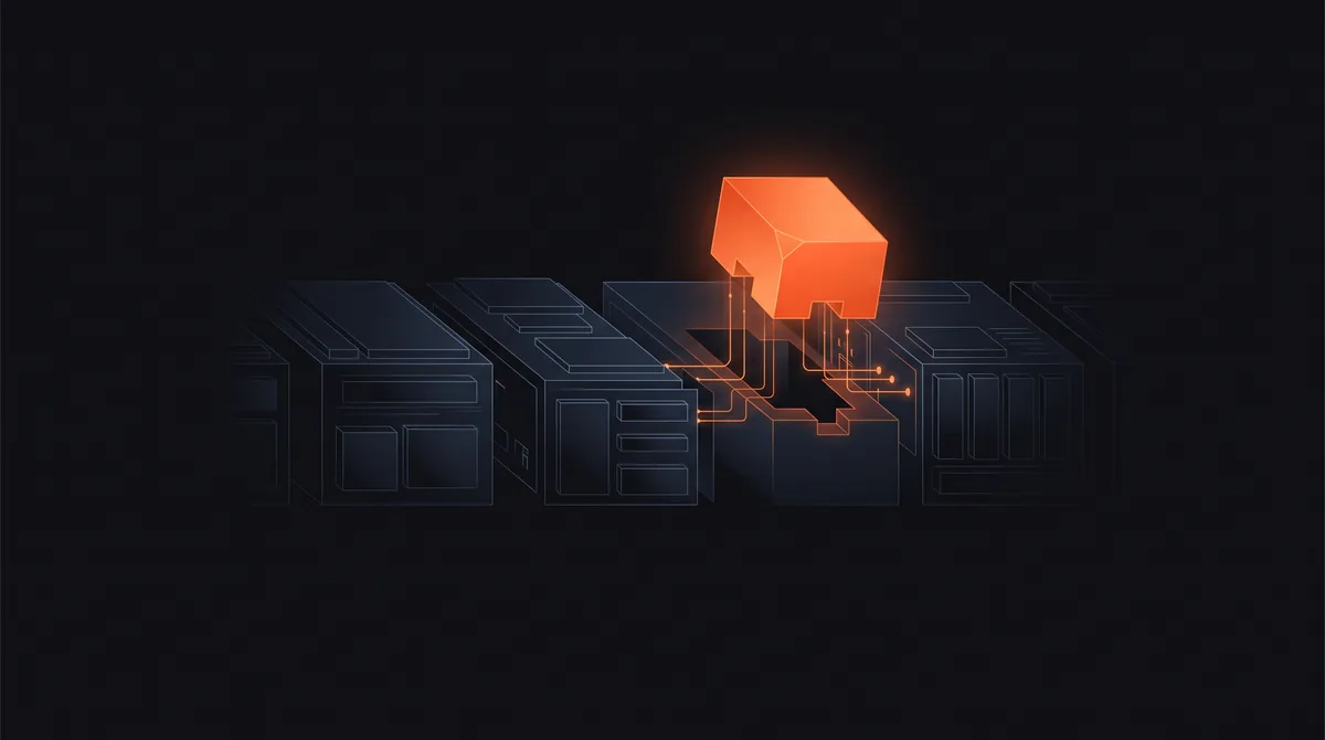 AI implementation services illustration: an AI module being connected step by step into existing business systems.