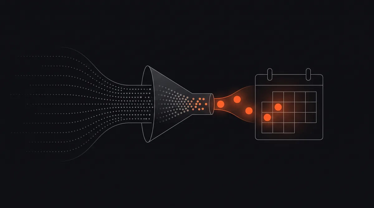 AI lead qualification illustration: incoming leads filtered, scored, and routed to a sales calendar.