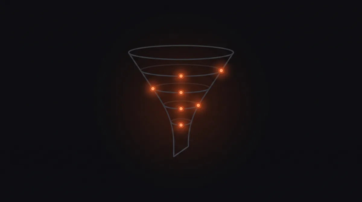 AI marketing strategy illustration: a marketing funnel with AI touchpoints for research, content, ads, email, and lead follow-up.