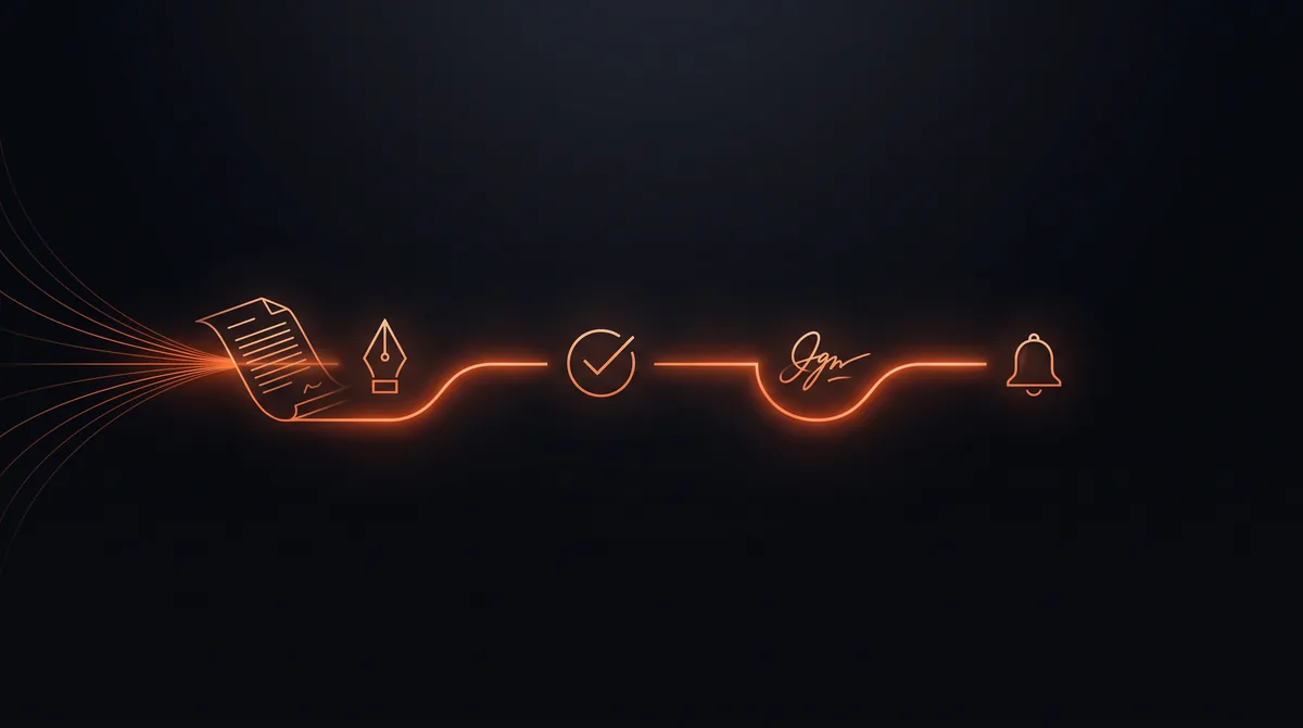 Contract automation illustration: a contract document flowing through drafting, approval, signature, and renewal alert steps.
