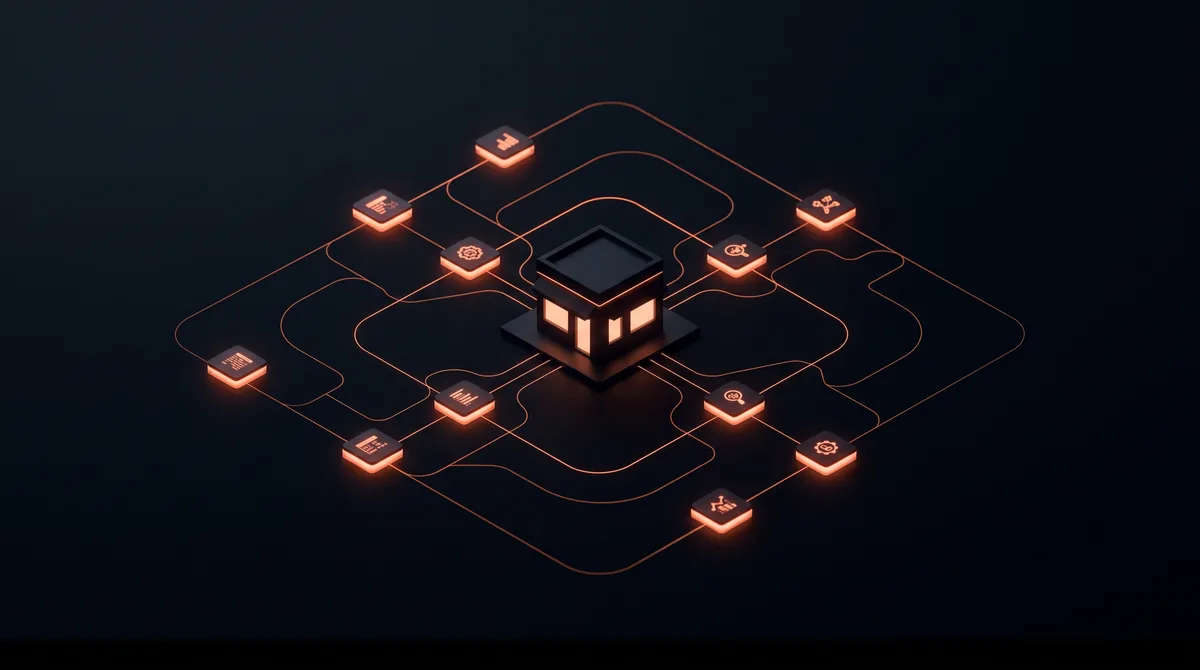 Small business automation illustration: ten connected task tiles for leads, reminders, reviews, and invoices running on their own around a small shopfront.